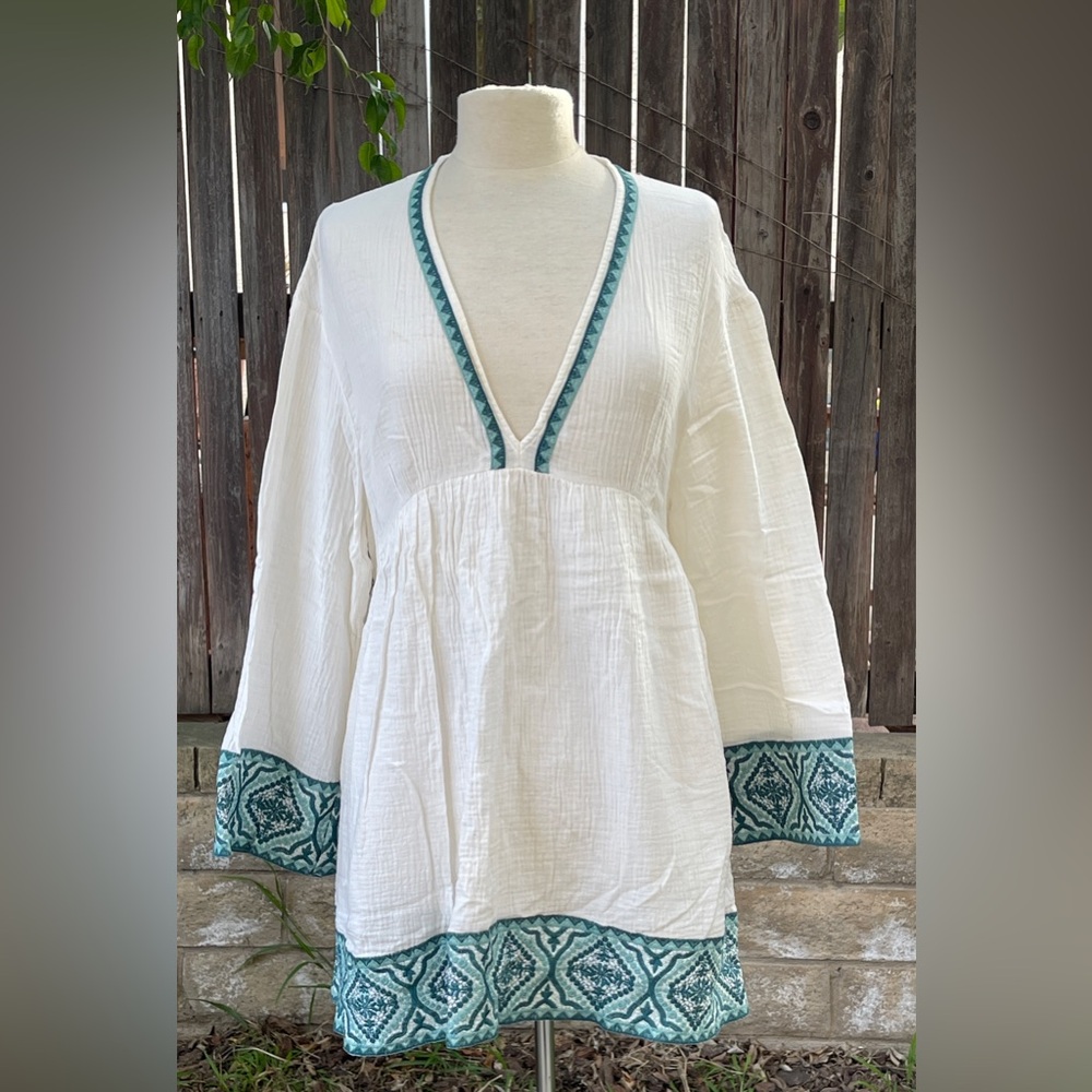 Zara bohemian Gauze tunic mini dress cover up embroidered trims resort boho L